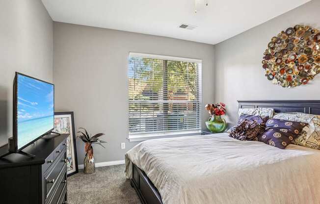 A bedroom with a large bed, a television, and a window with blinds.