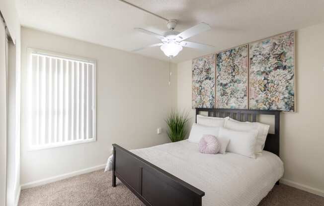 This is a photo of the bedroom in the 472 square foot 1 bedroom, 1 bath apartment at Princeton Court Apartments in the Vickery Meadow neighborhood of Dallas, Texas.