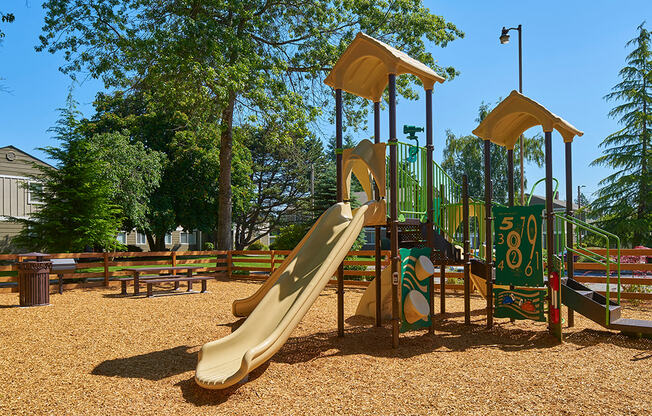 Playground with a large slide and climbing areas. Area completed with wood chips and surrounded with trees.at Woodhaven, Washington, 98203