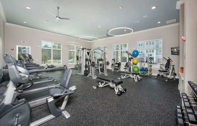 A gym with treadmills, weights, and exercise balls.