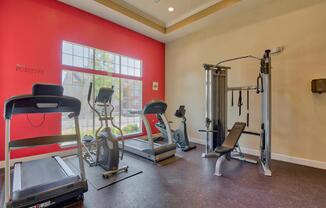 Fitness center with cardio and strength equipment with a big window for natural light