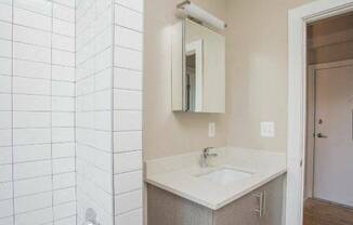 a bathroom with a sink and a mirror