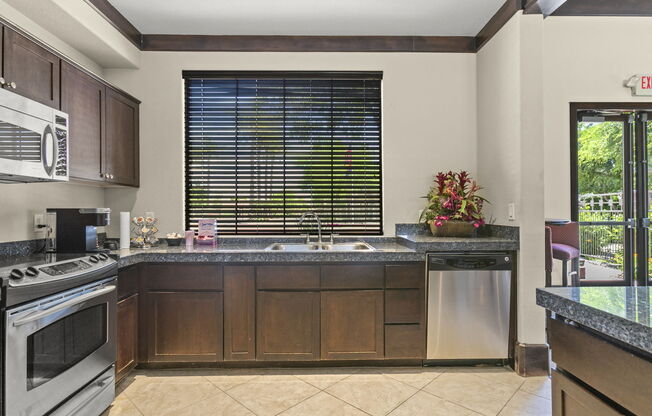 A large kitchen clubhouse ready for gatherings at Adiamo Palm Valley, Arizona