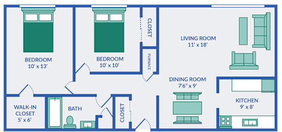 2 beds, 1 bath, 840 sqft, $890