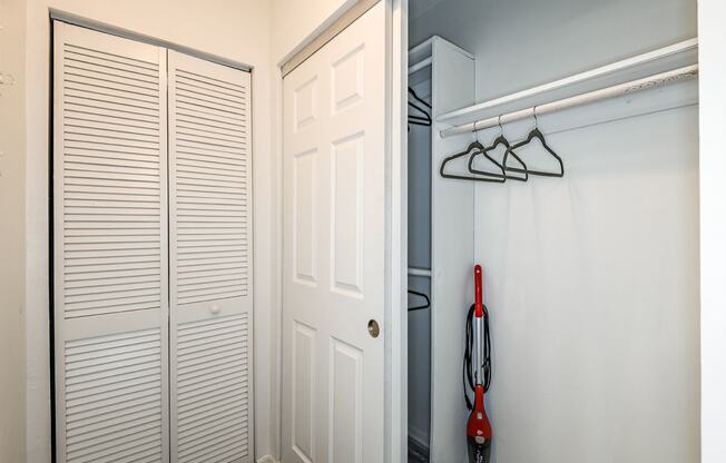 a closet with two closets and a white door and a rake and hangers