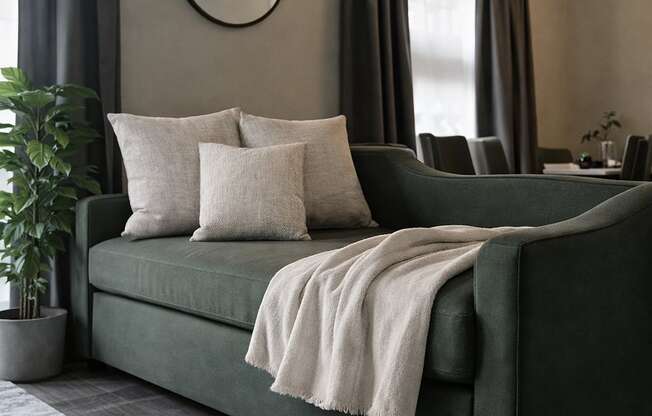 A green couch with a white throw blanket and pillows in a living room.