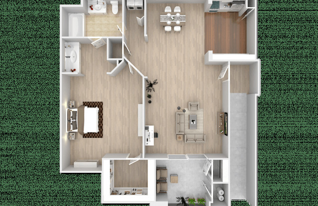 A floor plan of a house with a kitchen, living room, and two bedrooms.