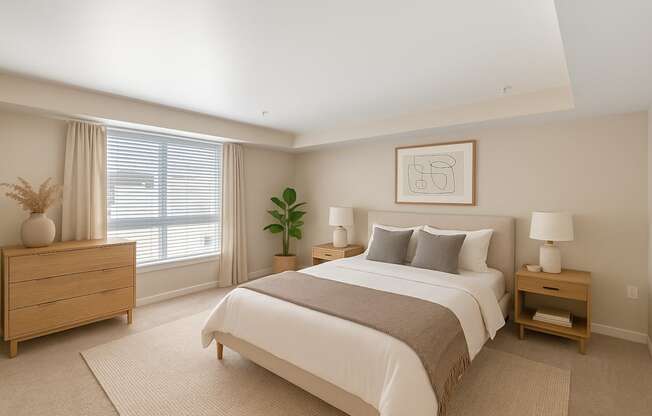 A bedroom with a large bed, a dresser, and a nightstand.