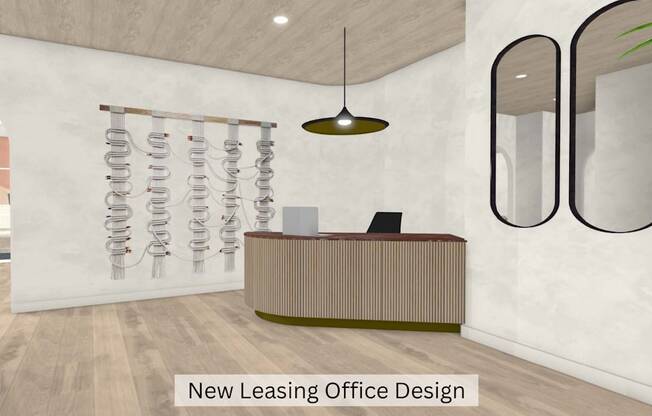 a new office design with a reception desk and three large windows
