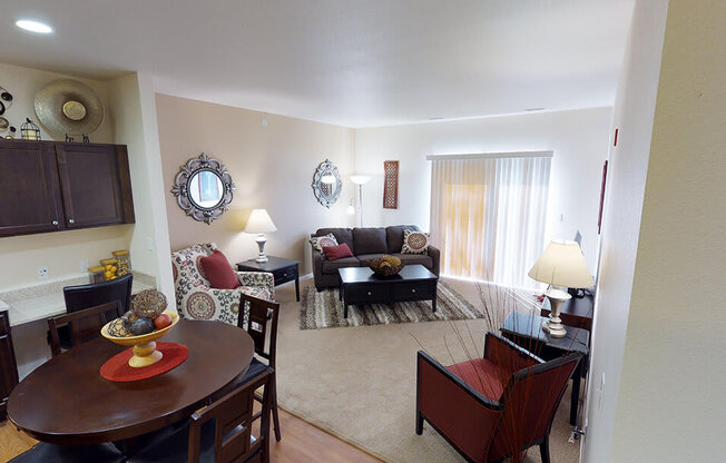 a living room with a couch and a table