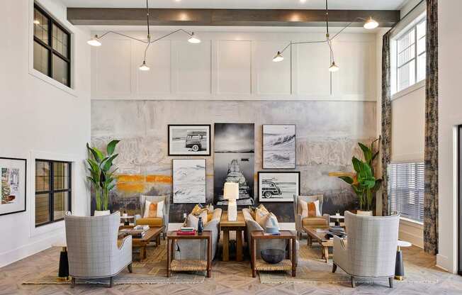 A living room with a grey sofa and a coffee table.