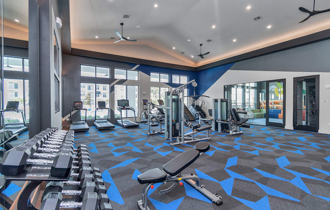 a gym with cardio machines and weights on the floor and windows