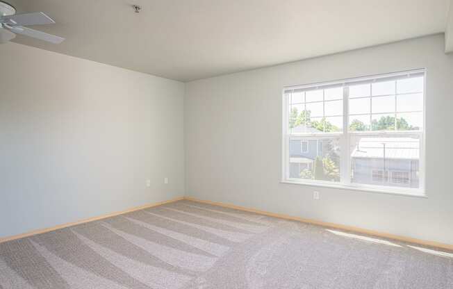 A room with a carpeted floor and a window showing a view of a house.