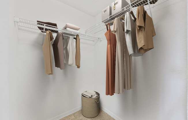 a walk in closet with a closet organizer and a waste basket