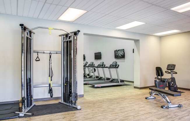 the gym at the heights at harpers preserve apartments