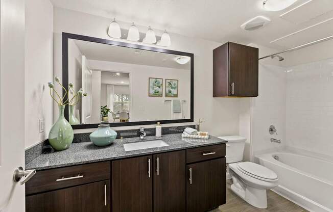 A bathroom with a sink, mirror, toilet, and bathtub.