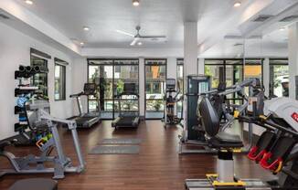 Apartments for Rent in Santa Clara, CA - Santana Terrace - Fitness Center with Wood-Style Flooring, Ceiling Fans, Floor-To-Ceiling Windows, Cardio Machines, and Strength Training Machines