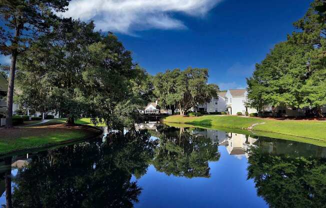 A serene landscape with a pond, trees, and a white building in the distance.