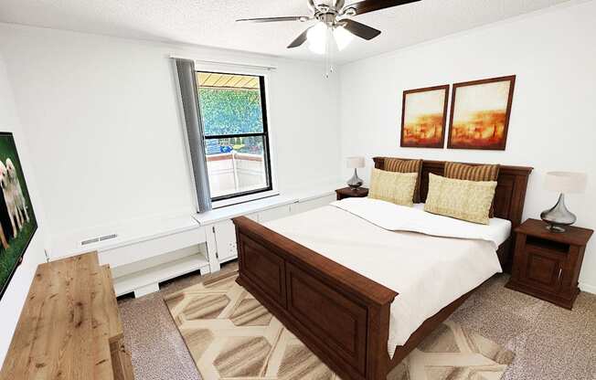 A bedroom with a bed, nightstand, and a painting of a dog.