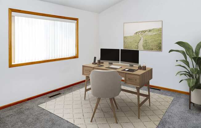 a desk with two monitors and a chair in a room with a plant and a window