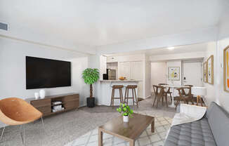 A modern living room with a flat screen TV, a wooden chair, a coffee table, and a grey sofa at West Hampton Park Apartments in Elkhorn, NE 68022