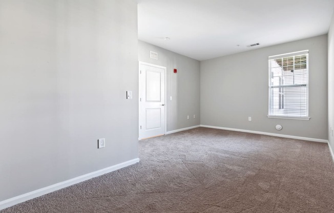 A room with a carpeted floor and a window with blinds.