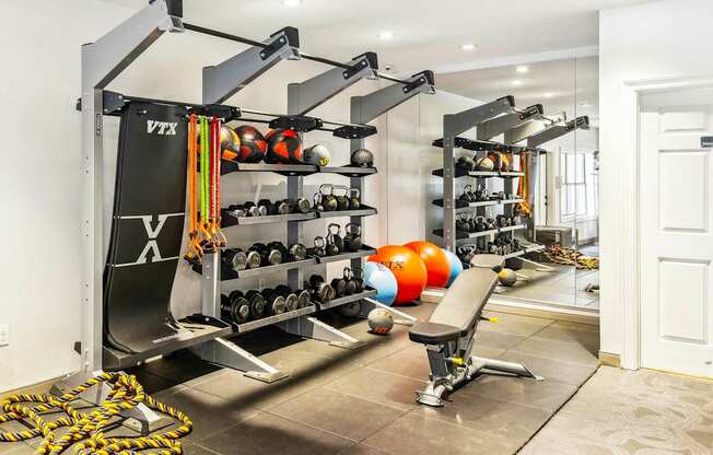 A home gym with a weight rack, dumbbells, and exercise balls.