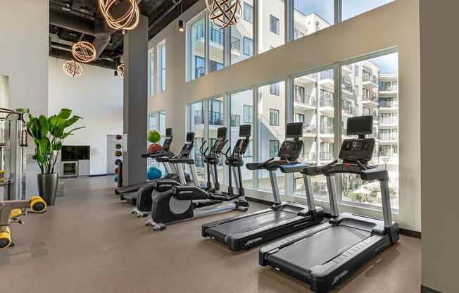 A gym with treadmills and exercise equipment.