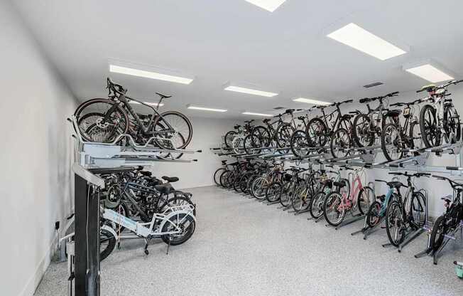 A bike shop with many bikes on display.