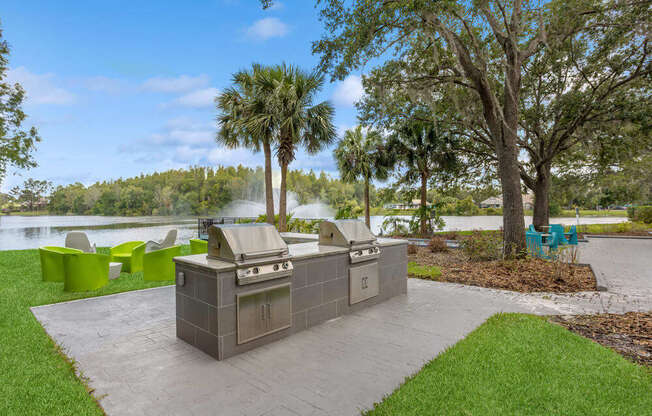 Outdoor grilling area with lake views