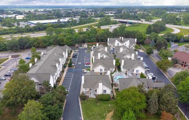 an aerial view of a neighborhood of houses