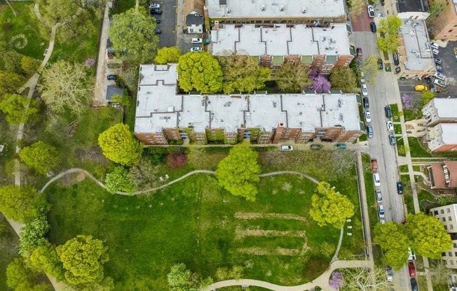 an aerial view of a neighborhood with houses and trees at The Bryant at Oak Park I & II, Oak Park Illinois
