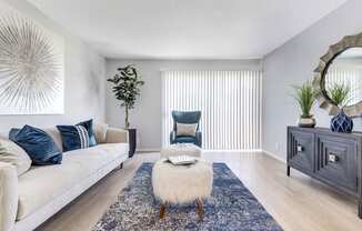 a living room with a white couch and a chair and a blue rug