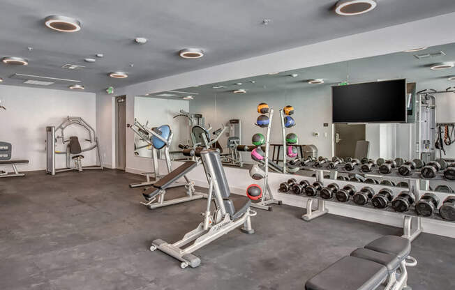 A gym with a variety of equipment including dumbbells, weight plates, and a flat screen TV.