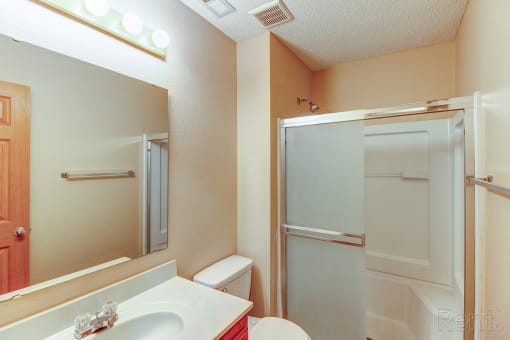 a bathroom with a shower toilet and sink and a mirror