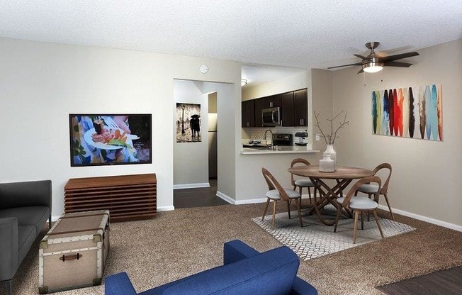 Living room and dining area at Horizon Apartments in Santa Ana, California