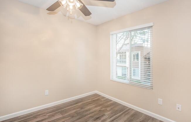 a bedroom with a large mirror