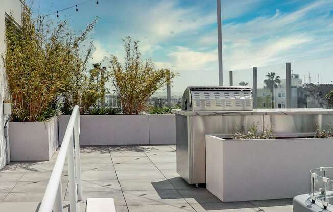 a rooftop terrace with a barbecue grill and a string of lights