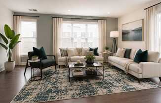A living room with a white sofa, a black chair, and a coffee table.