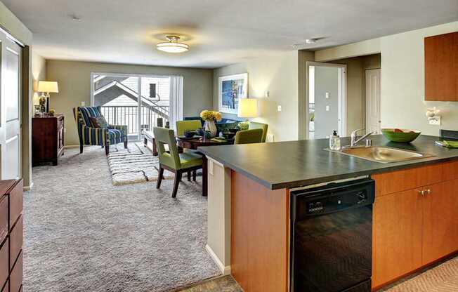 A kitchen with a black dishwasher and a sink.