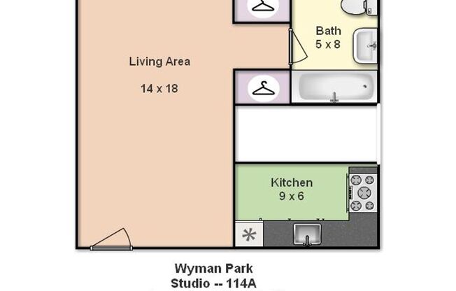 Studio, 1 bath, 400 sqft, $1,250, Unit 114A