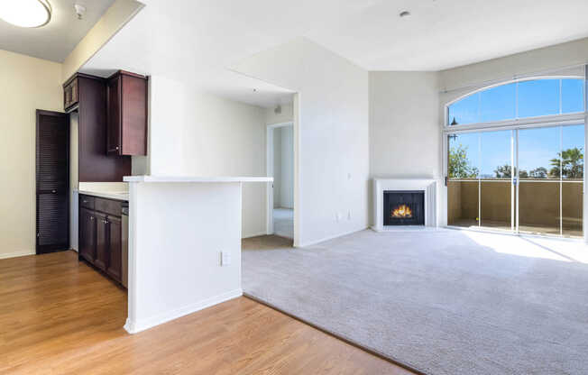 Carpeted Living Room with Fireplace and Balcony