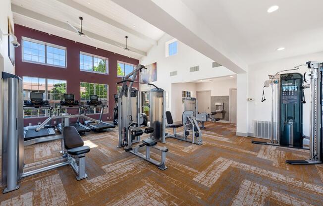 Pulley Weight Machines in Tall Ceiling Gym at ABQ Apartments