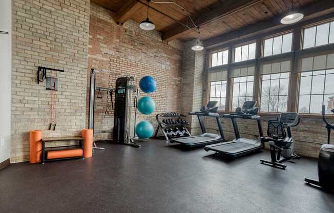 black treadmill three blue yoga balls foam rollers brick room wide windows