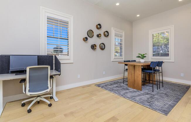 a living room with a wooden floor