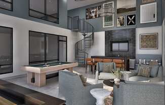 A modern living room with a pool table and a spiral staircase.