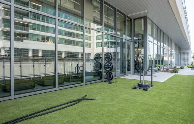 an indoor grassy area with weights and a hose in front of a glass walled building