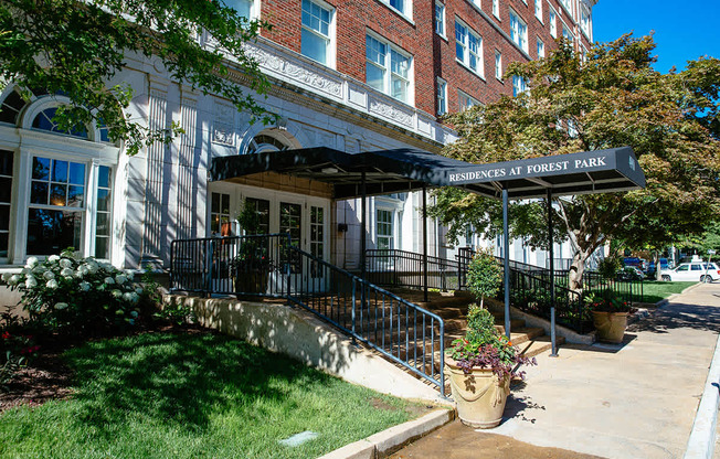 exterior log black awning at Residences at Forest Park, Missouri, 63108