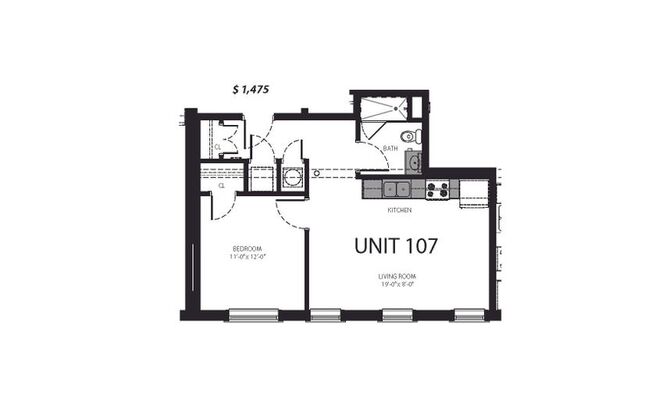 1 bed, 1 bath, 550 sqft, $1,345, Unit 107