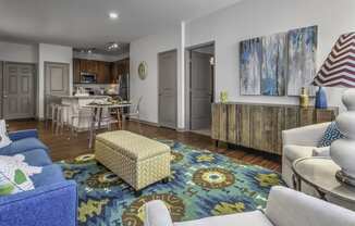 a living room with couches and a rug